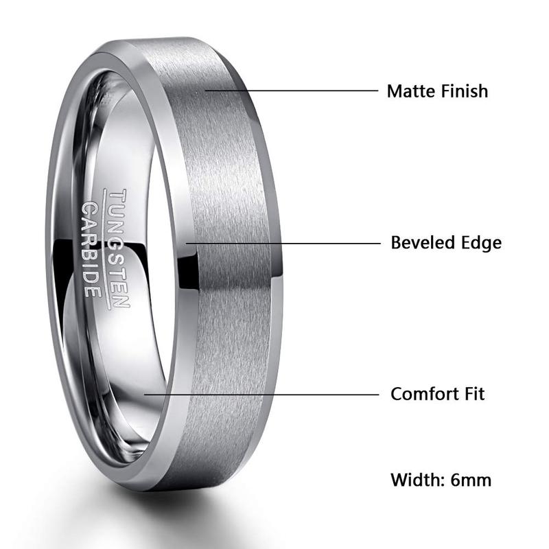 6mm Men's Silver Tungsten Carbide Ring with Matte Finish Beveled Edge Wedding Promise Ring Comfort Fit Size 6-13 ring