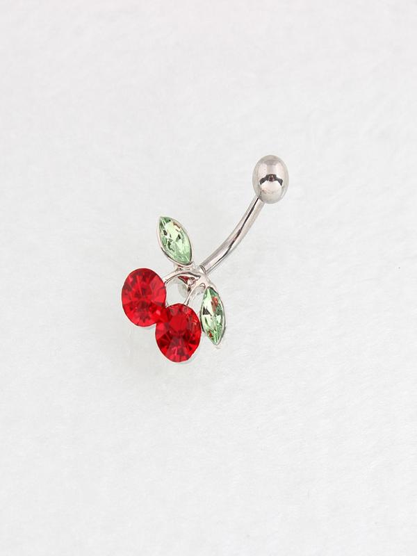 Cute Cherry Design Rhinestone Decorated Belly Ring, Stainless Steel Belly Piercing Navel Ring for Women & Girls, Party, Daily Clothing Decor, Birthday Gift