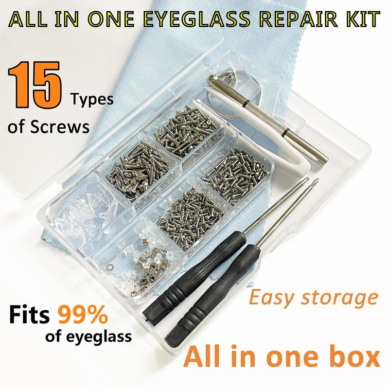 Eyeglass Repair Kit with 15 Types Screws for Eyeglasses - Frame, Hinge, Nose Pads Screws - Essential Eye Glasses Repairing Kit Tool