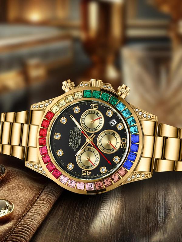 Men's Business Fashion Rhinestone Decor Analog Quartz Watch, Fashion Watch with Luminous & Date Function for Party, Daily Decor, Trendy Watch for Birthday Gift with Box