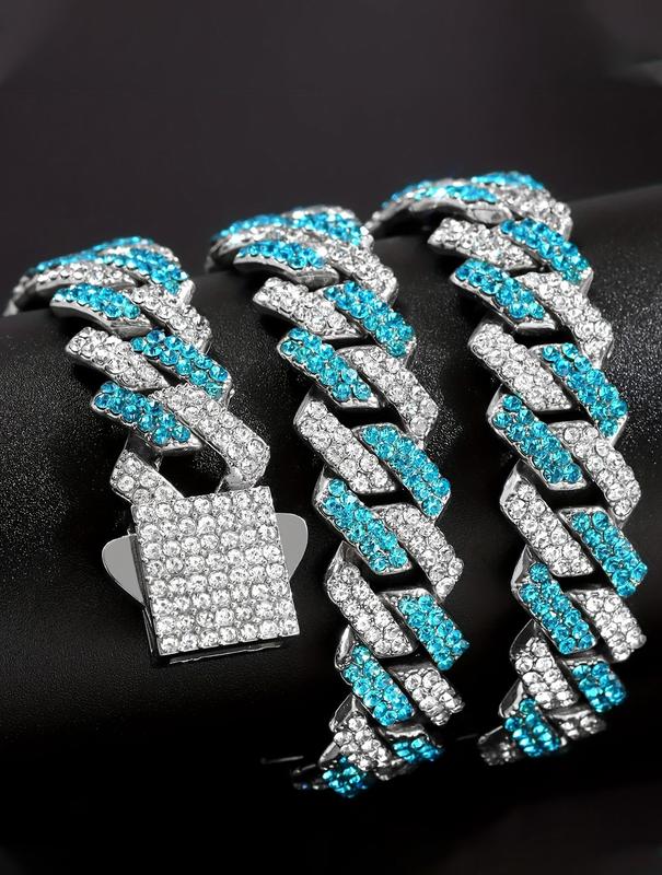 Blue Miami Cuban Chain Bracelet and Necklace Iced Out Charm Hip Hop Jewelry Set for Men Women Colorful Hip Hop Jewelry