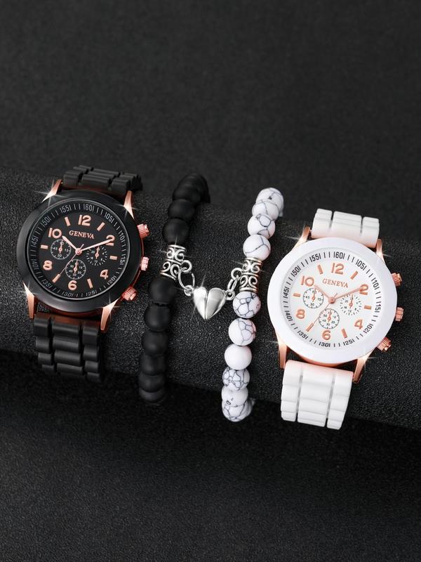 Simple Round Dial Quartz Watch & Heart Charm Beaded Bracelet Set, 4pcs Fashion Watch Set for Party, Daily Clothing Decor, Trendy All-match & Exquisite Watch Set for Birthday Gift without Box