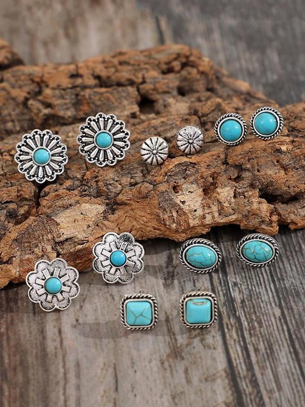 Boho Style Turquoise Decor Stud Earrings Set, Fashion Flower & Round & Oval & Geometric Design Earrings for Women, Trendy All-match & Exquisite Jewelry for Gift