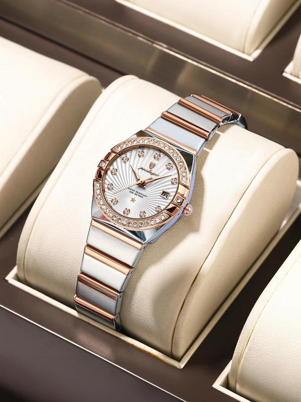 Women's Elegant Rhinestone Decorated Analog Quartz Watch, Fashionable Round Dial Waterproof Watch with Calendar Feature for Women & Girls, Trendy All-match Watch for Birthday Gift with Box