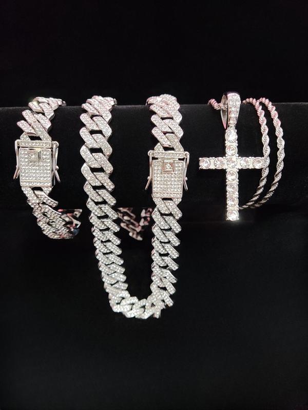 Rhinestone Cross Pendant Chunky Big Real Chains Necklace & Bracelet, Chunky Cuban Link Chain Jewelry for Women & Men, for Party, Daily Birthday Gift Back To School,  Gifts for Girlfriend, Gift Ideas for Women