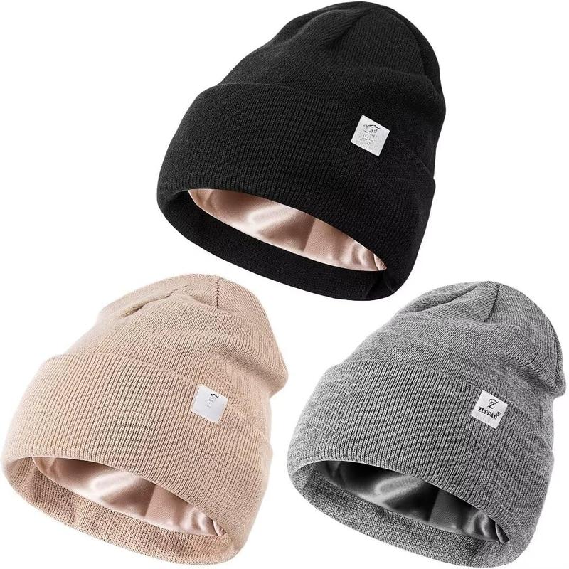 3 Pack Satin Lined Winter Beanie Hats,Silk Lined Beanie Knit Soft Warm Cuffed Hat for Women Men