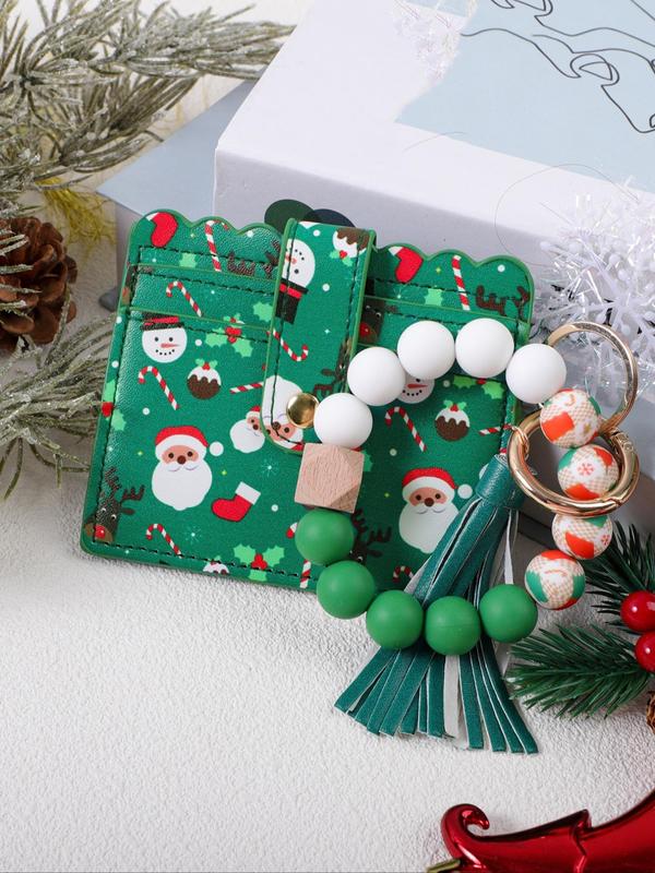 Cute Santa Claus & Elk Pattern Beaded Keychain & Small Wallet, Colorblock Beaded Wristlet Keychain, Fashionable Keychain Set for Women & Men, Christmas Gift