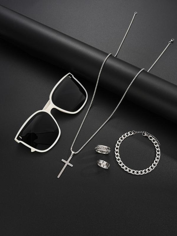 Men's Business Fashion Jewelry Set, Including Cross Pendant Necklace, Ring, Bracelet & Sunglasses, Fashion Accessories for Party, Daily Decor, Exquisite Jewelry Set for Gift