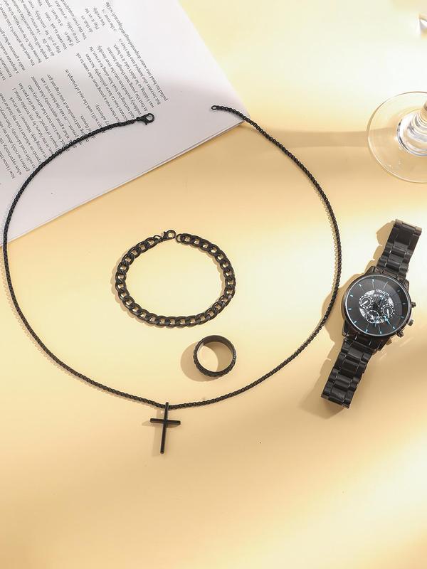 Men's Fashion Watch & Jewelry Set, Including Round Dial Analog Quartz Watch & Chain Bracelet & Ring & Cross Pendant Necklace, Trendy Watch Set for Men, with Box