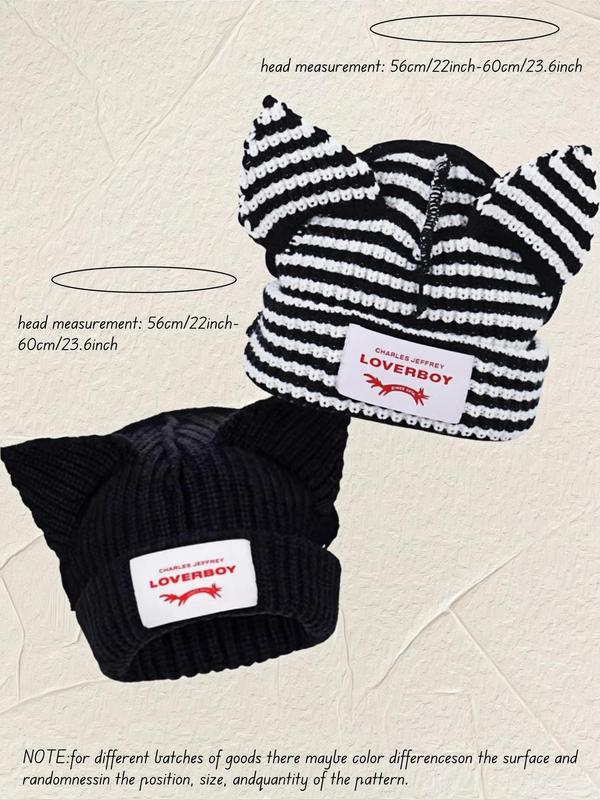 Cute Cat Ear Design Beanie Hat, Striped & Plain Color Knit Hat, Fashionable Warm Hat for Women & Men for All Season