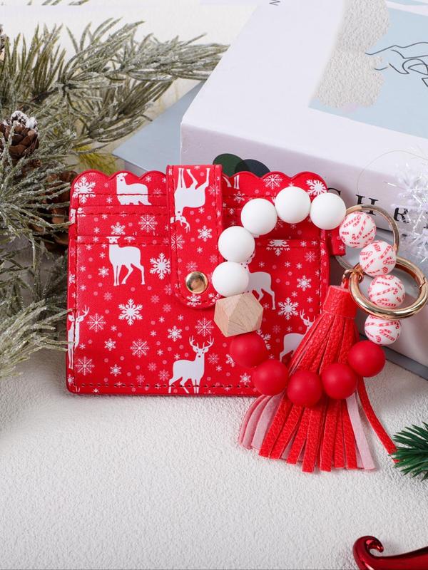 Cute Santa Claus & Elk Pattern Beaded Keychain & Small Wallet, Colorblock Beaded Wristlet Keychain, Fashionable Keychain Set for Women & Men, Christmas Gift