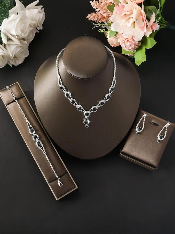 Women's Elegant Rhinestone Decorated Necklace & Earrings & Bracelet, Exquisite Trendy Jewelry Set, Fashionable Accessories for Party & Daily Clothing Decor