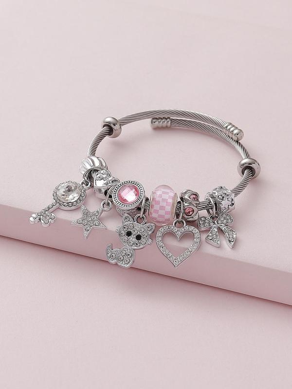 Fashionable Rhinestone Decorated Bracelet, Heart Charm Bow & Cat & Star & Key & Bow Design Bracelet for Women & Girls, Style Bracelet for Party, Daily Clothing Decor, Trendy All-match & Exquisite Jewelry for Birthday Gift