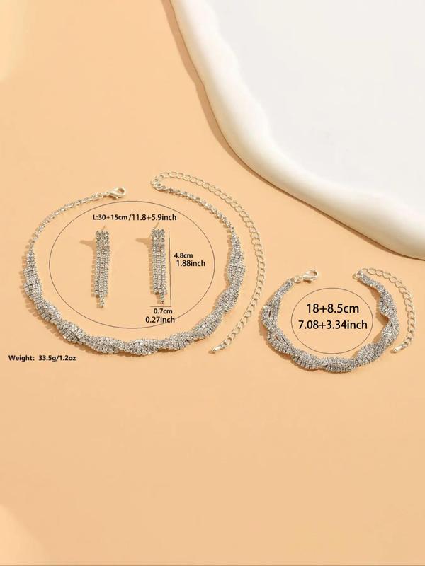 4pcs set Women's Elegant Rhinestone Decorated Jewelry Set, Including Necklace, Earrings, Bracelet, Wedding Engagement Bridesmaid Costume Dress Prom Jewelry Set