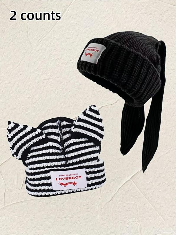 Cute Cat Ear Design Beanie Hat, Striped & Plain Color Knit Hat, Fashionable Warm Hat for Women & Men for All Season