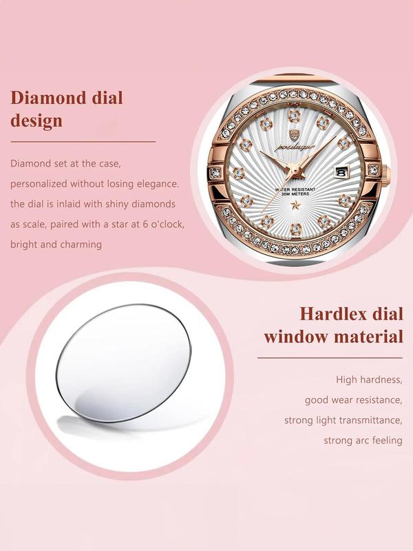 Women's Elegant Rhinestone Decorated Analog Quartz Watch, Fashionable Round Dial Waterproof Watch with Calendar Feature for Women & Girls, Trendy All-match Watch for Birthday Gift with Box