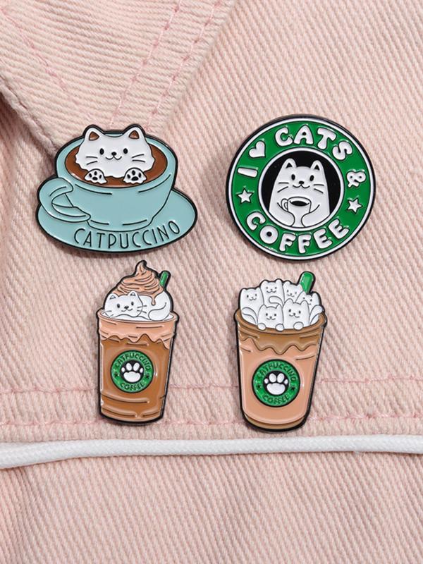 Creative Cute Cat & Coffee Design Brooch, Clothes Accessories for Women & Men, Hats Decoration Fixed Buckle, Casual Zinc Alloy Jewelry