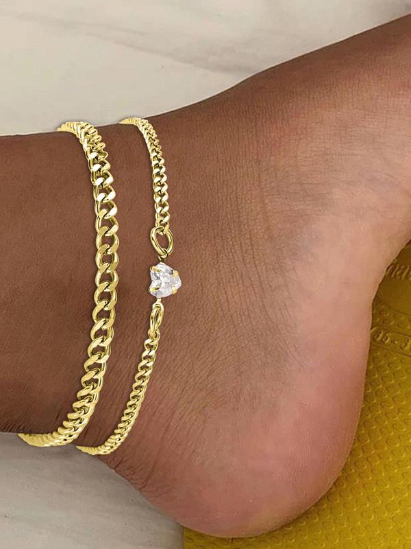 Fashion Chain & Rhinestone Heart Decor Anklet, 2 Counts Foot Jewelry for Women & Girls, Fashion Jewelry for Party, Daily Clothing Decor, Perfect for Gift