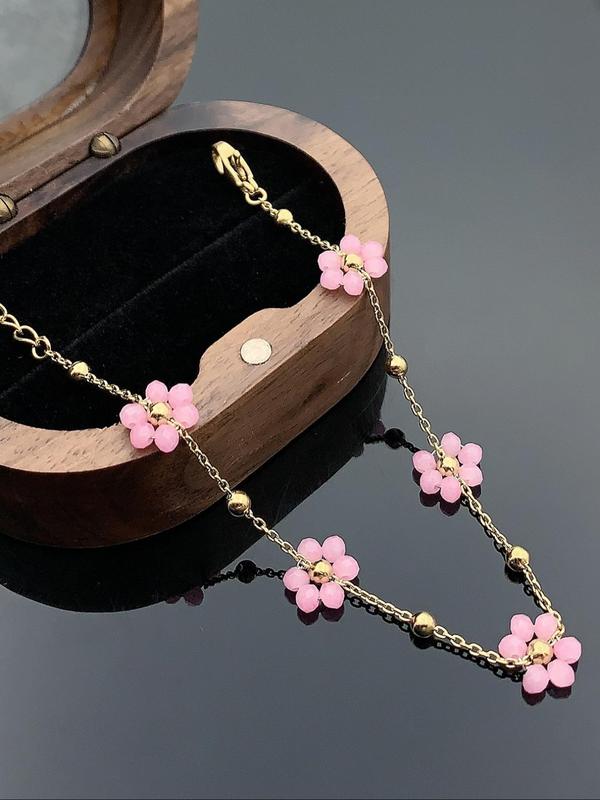 Boho Flower Decor Link Charm Bracelet, Fashionable Stainless Steel Vintage Jewelry for Women Party, Daily Decor, Trendy Y2k Teen Girl Accessories for Gift