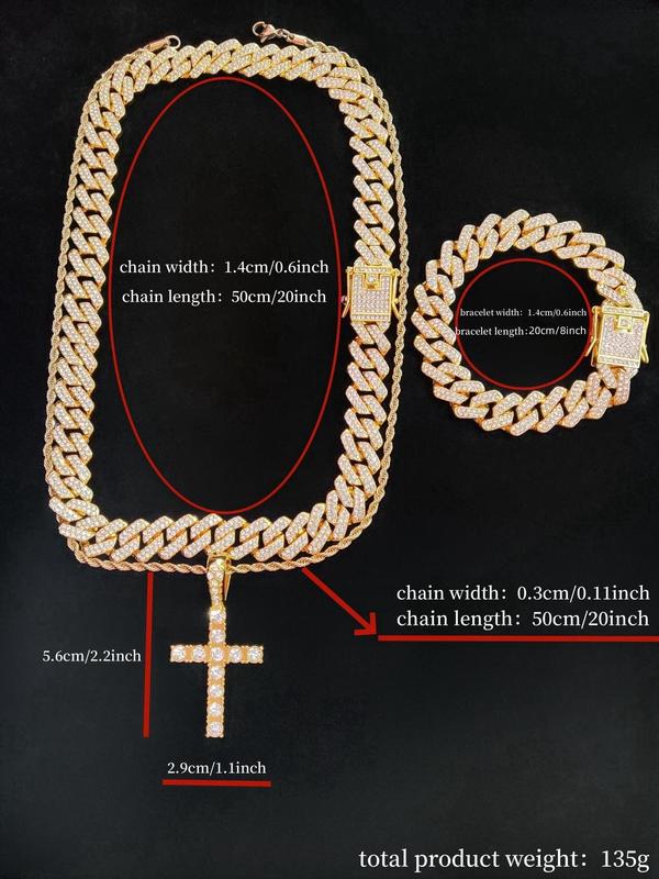 Rhinestone Cross Pendant Chunky Big Real Chains Necklace & Bracelet, Chunky Cuban Link Chain Jewelry for Women & Men, for Party, Daily Birthday Gift Back To School,  Gifts for Girlfriend, Gift Ideas for Women