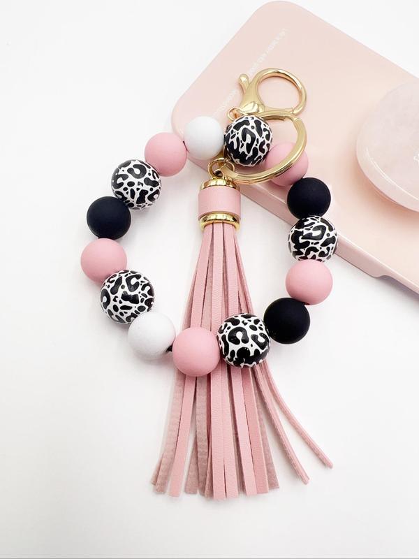 Leopard Pattern Beaded Tassel Decor Keychain, Boho Style Jewelry for Women & Girls, Elegant All-match Fashion Accessories for Daily Wear, Exquisite Jewelry for Birthday Gifts, for Fall