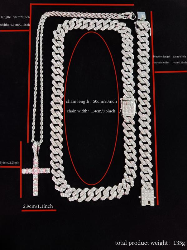 Rhinestone Cross Pendant Chunky Big Real Chains Necklace & Bracelet, Chunky Cuban Link Chain Jewelry for Women & Men, for Party, Daily Birthday Gift Back To School,  Gifts for Girlfriend, Gift Ideas for Women