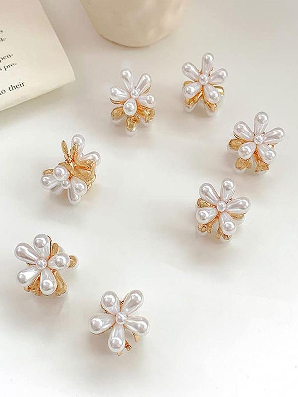 Cute Flower Design Mini Hair Claws, 10pcs Faux Pearls Decor Claw Clips, Fashionable Hair Accessories for Women & Girls, Minimalist Headwear Suitable for Thick Hair