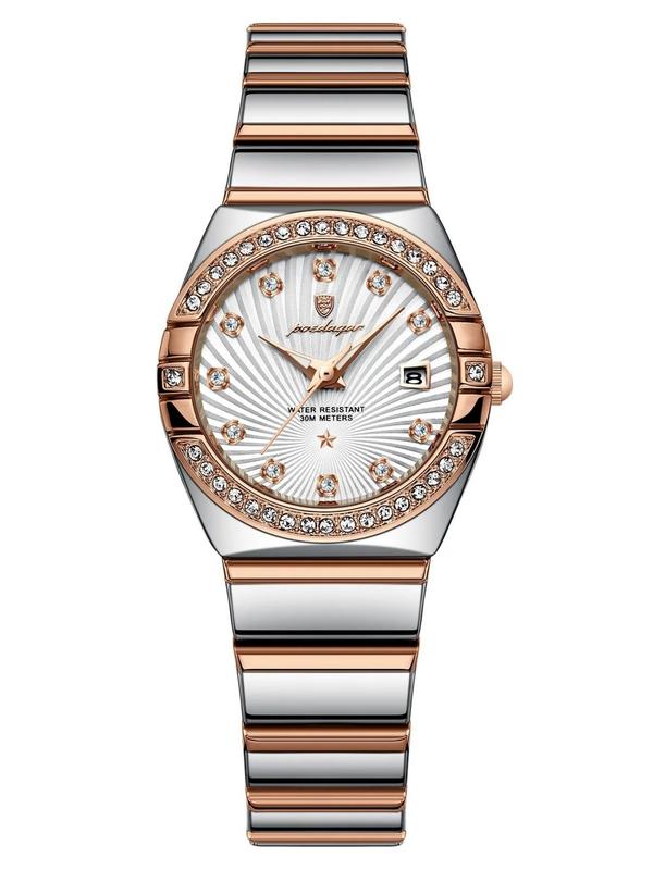 Women's Elegant Rhinestone Decorated Analog Quartz Watch, Fashionable Round Dial Waterproof Watch with Calendar Feature for Women & Girls, Trendy All-match Watch for Birthday Gift with Box