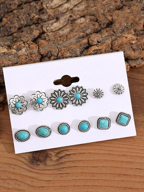 Boho Style Turquoise Decor Stud Earrings Set, Fashion Flower & Round & Oval & Geometric Design Earrings for Women, Trendy All-match & Exquisite Jewelry for Gift