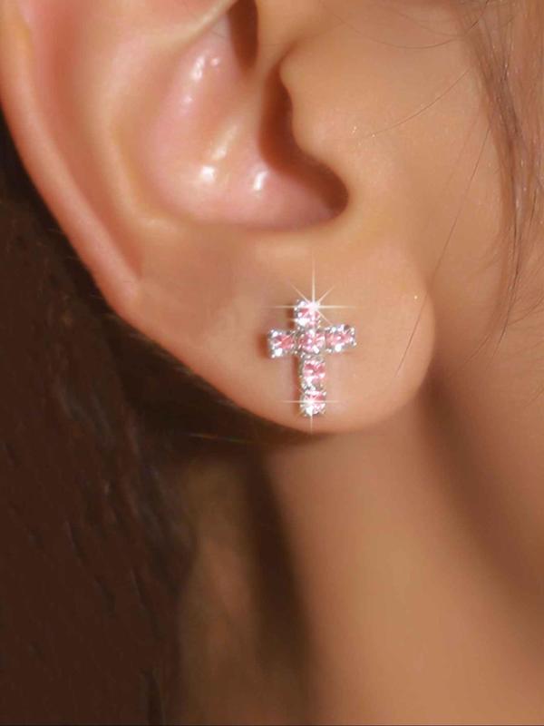 Rhinestone Decorated Cross Design Stud Earrings, Elegant Jewelry for Party, Daily Clothing Decor, Trendy All-match & Exquisite Jewelry for Birthday Gift