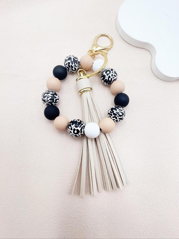 Leopard Pattern Beaded Tassel Decor Keychain, Boho Style Jewelry for Women & Girls, Elegant All-match Fashion Accessories for Daily Wear, Exquisite Jewelry for Birthday Gifts, for Fall