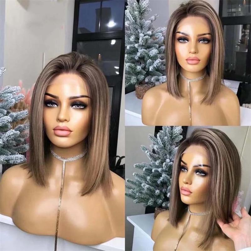 Brown Bob Wig Short Straight Woman Hair Wigs Hd Lace Frontal Wig Ash Blonde Highlight Wig