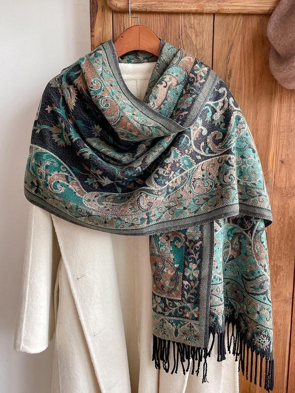 Boho Style Paisley & Floral Print Tassel Decor Shawl, Casual Warm Double-sided Scarf for Fall & Winter, Fashion Accessories for Women & Men