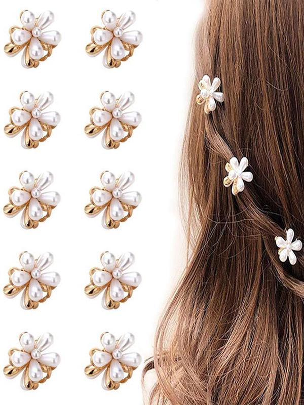 Cute Flower Design Mini Hair Claws, 10pcs Faux Pearls Decor Claw Clips, Fashionable Hair Accessories for Women & Girls, Minimalist Headwear Suitable for Thick Hair