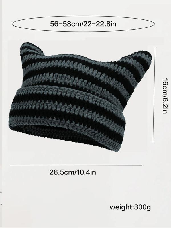 Cute Cat Ear Design Knitted Fitted Beanies, Casual Colorful Warm Striped Pattern Chunky Knit Top Tiered Beanie Hat for Women & Men, Fashion Y2k Accessories for Fall, Beanies for Men