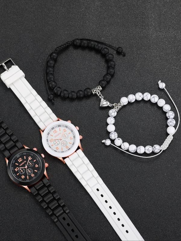 Simple Round Dial Quartz Watch & Heart Charm Beaded Bracelet Set, 4pcs Fashion Watch Set for Party, Daily Clothing Decor, Trendy All-match & Exquisite Watch Set for Birthday Gift without Box