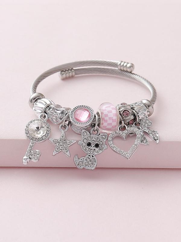 Fashionable Rhinestone Decorated Bracelet, Heart Charm Bow & Cat & Star & Key & Bow Design Bracelet for Women & Girls, Style Bracelet for Party, Daily Clothing Decor, Trendy All-match & Exquisite Jewelry for Birthday Gift