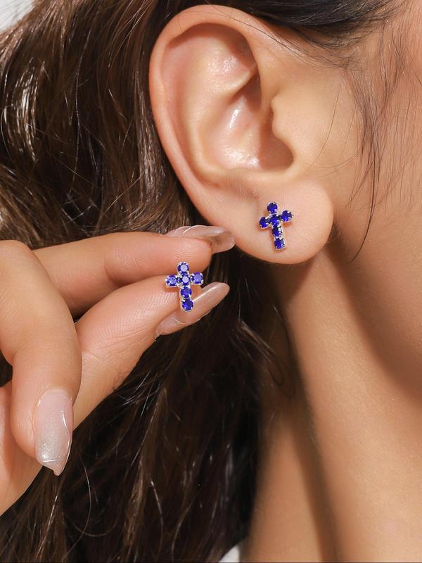 Rhinestone Decorated Cross Design Stud Earrings, Elegant Jewelry for Party, Daily Clothing Decor, Trendy All-match & Exquisite Jewelry for Birthday Gift