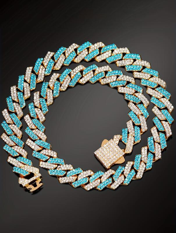 Blue Miami Cuban Chain Bracelet and Necklace Iced Out Charm Hip Hop Jewelry Set for Men Women Colorful Hip Hop Jewelry