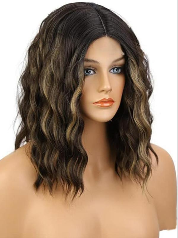 18 Inch Short Curly Wigs for Women, Brown Mixed Blonde Color Shoulder Length Ombre Wigs, Gorgeous Fluffy Glueless Wigs without Bangs, Synthetic Lace Front Wigs for Party, Daily Use