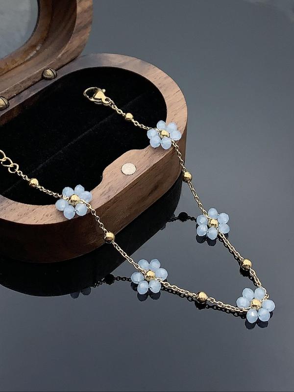 Boho Flower Decor Link Charm Bracelet, Fashionable Stainless Steel Vintage Jewelry for Women Party, Daily Decor, Trendy Y2k Teen Girl Accessories for Gift