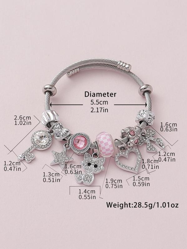 Fashionable Rhinestone Decorated Bracelet, Heart Charm Bow & Cat & Star & Key & Bow Design Bracelet for Women & Girls, Style Bracelet for Party, Daily Clothing Decor, Trendy All-match & Exquisite Jewelry for Birthday Gift