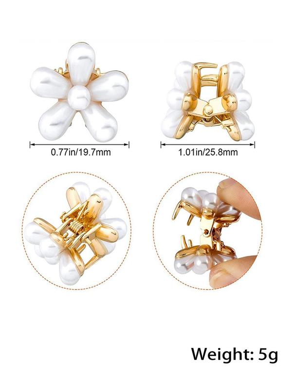 Cute Flower Design Mini Hair Claws, 10pcs Faux Pearls Decor Claw Clips, Fashionable Hair Accessories for Women & Girls, Minimalist Headwear Suitable for Thick Hair