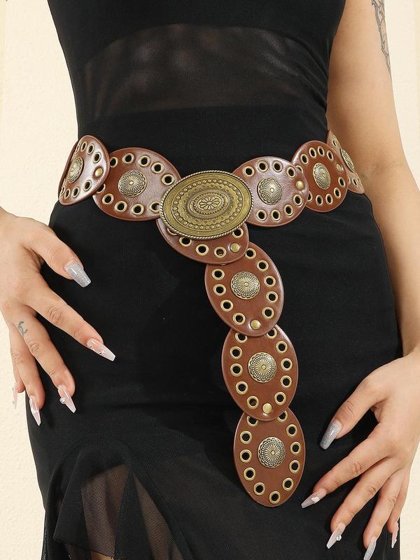 Women's Vintage Rivet Design Western Belt, Fashionable Ethnic Pattern Belt for Daily Wear, Casual Waistband for Jeans & Dress