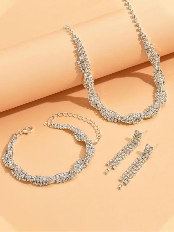 4pcs set Women's Elegant Rhinestone Decorated Jewelry Set, Including Necklace, Earrings, Bracelet, Wedding Engagement Bridesmaid Costume Dress Prom Jewelry Set