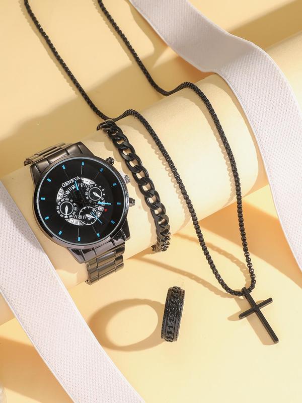 Men's Fashion Watch & Jewelry Set, Including Round Dial Analog Quartz Watch & Chain Bracelet & Ring & Cross Pendant Necklace, Trendy Watch Set for Men, with Box