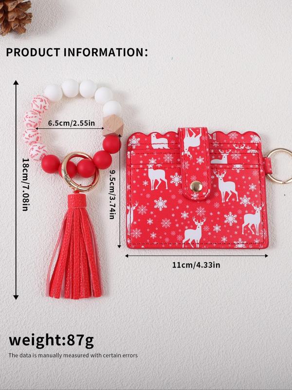 Cute Santa Claus & Elk Pattern Beaded Keychain & Small Wallet, Colorblock Beaded Wristlet Keychain, Fashionable Keychain Set for Women & Men, Christmas Gift