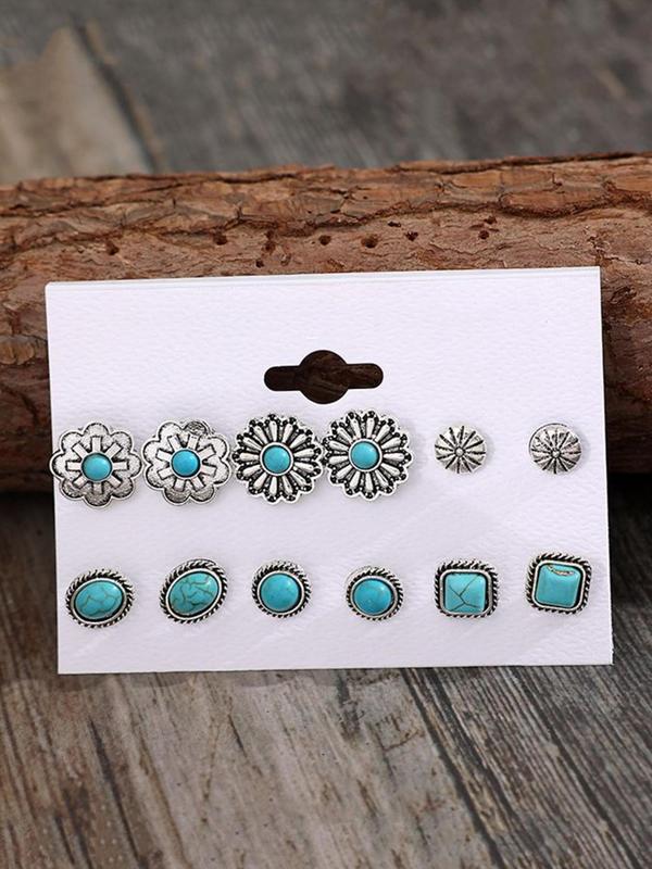 Boho Style Turquoise Decor Stud Earrings Set, Fashion Flower & Round & Oval & Geometric Design Earrings for Women, Trendy All-match & Exquisite Jewelry for Gift