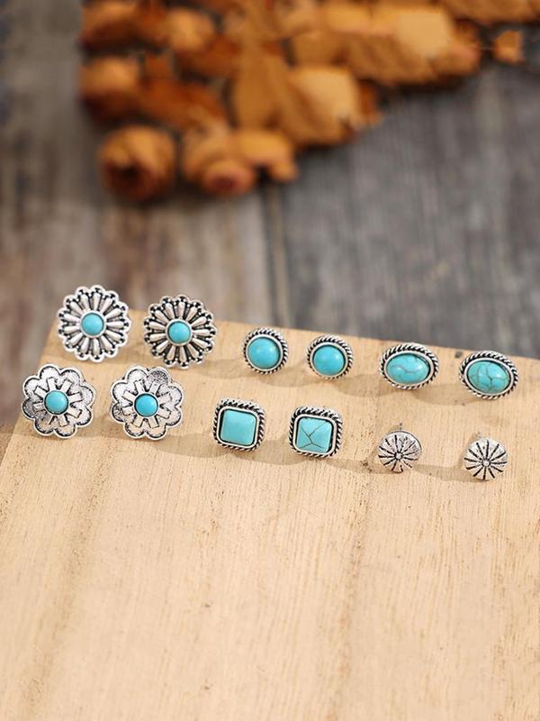 Boho Style Turquoise Decor Stud Earrings Set, Fashion Flower & Round & Oval & Geometric Design Earrings for Women, Trendy All-match & Exquisite Jewelry for Gift