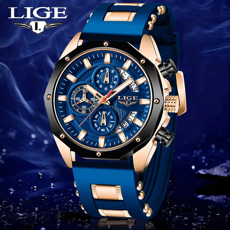 LIGE Men's Casual Chronograph, Quartz Watch, 46mm Large Dial, Silicone Strap, with Calendar, 30m Water-Resistant, Perfect Gift Choice. fashion round dial analog quartz